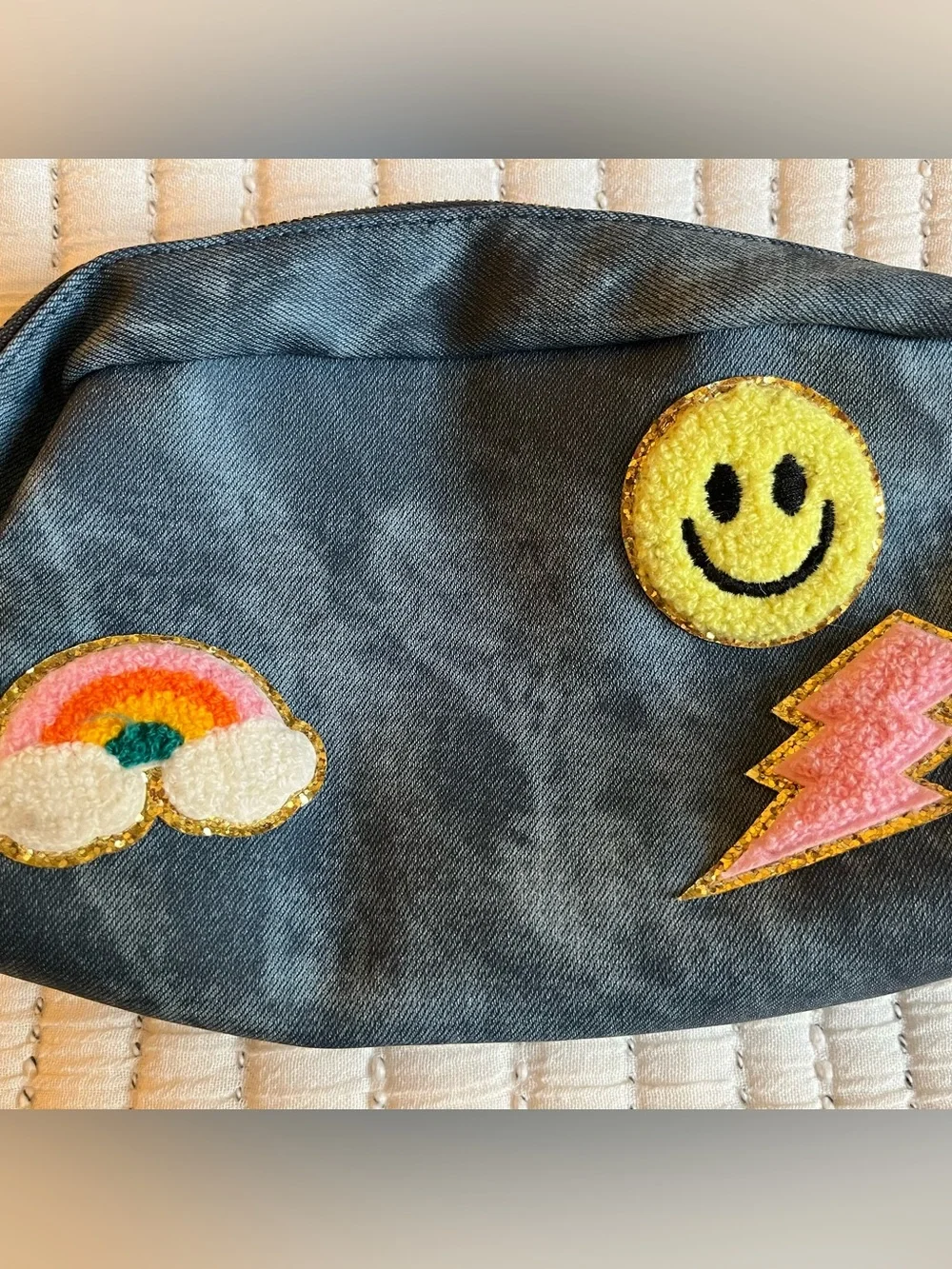 Kids Blue Accessory Pouch with Yellow Smile Patch and Pink Lightning